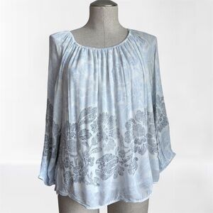 LOFT Embroidered Peasant Blouse Light Blue Rayon Small